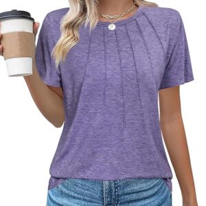 Gyabnw T-Shirt Women's Summer Elegant Crew Neck Top Short Sleeve Tops Cotton Casual Pleated Blouse Women's Summer Shirt