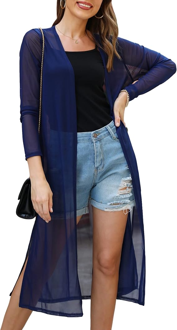 Gyabnw Cardigan Women's Summer Long Chiffon Cardigan Long Sleeve Lightweight Summer Jacket Transparent Bikini Cover Up Open Front Thin Jacket Beachwear Casual Beach Poncho Cardigan S-XXL
