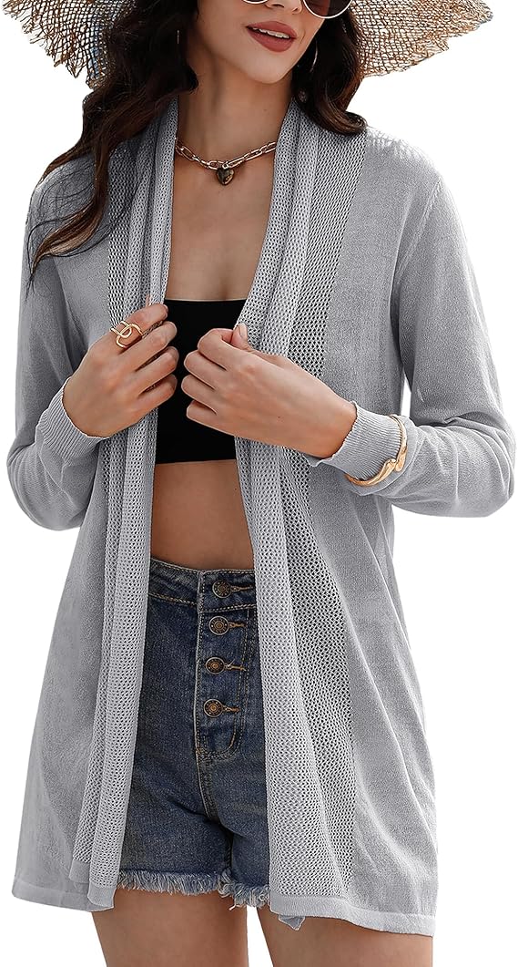 Gyabnw Cardigan Women's Summer Cardigan Long Sleeve Open Front Summer Jacket Lightweight Bikini Cover Up Thin Jacket Casual Beachwear Knitted Jacket Summer Cardigan S-XXL - 图片 2