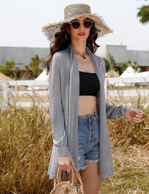 Gyabnw Cardigan Women's Summer Cardigan Long Sleeve Open Front Summer Jacket Lightweight Bikini Cover Up Thin Jacket Casual Beachwear Knitted Jacket Summer Cardigan S-XXL - 图片 6